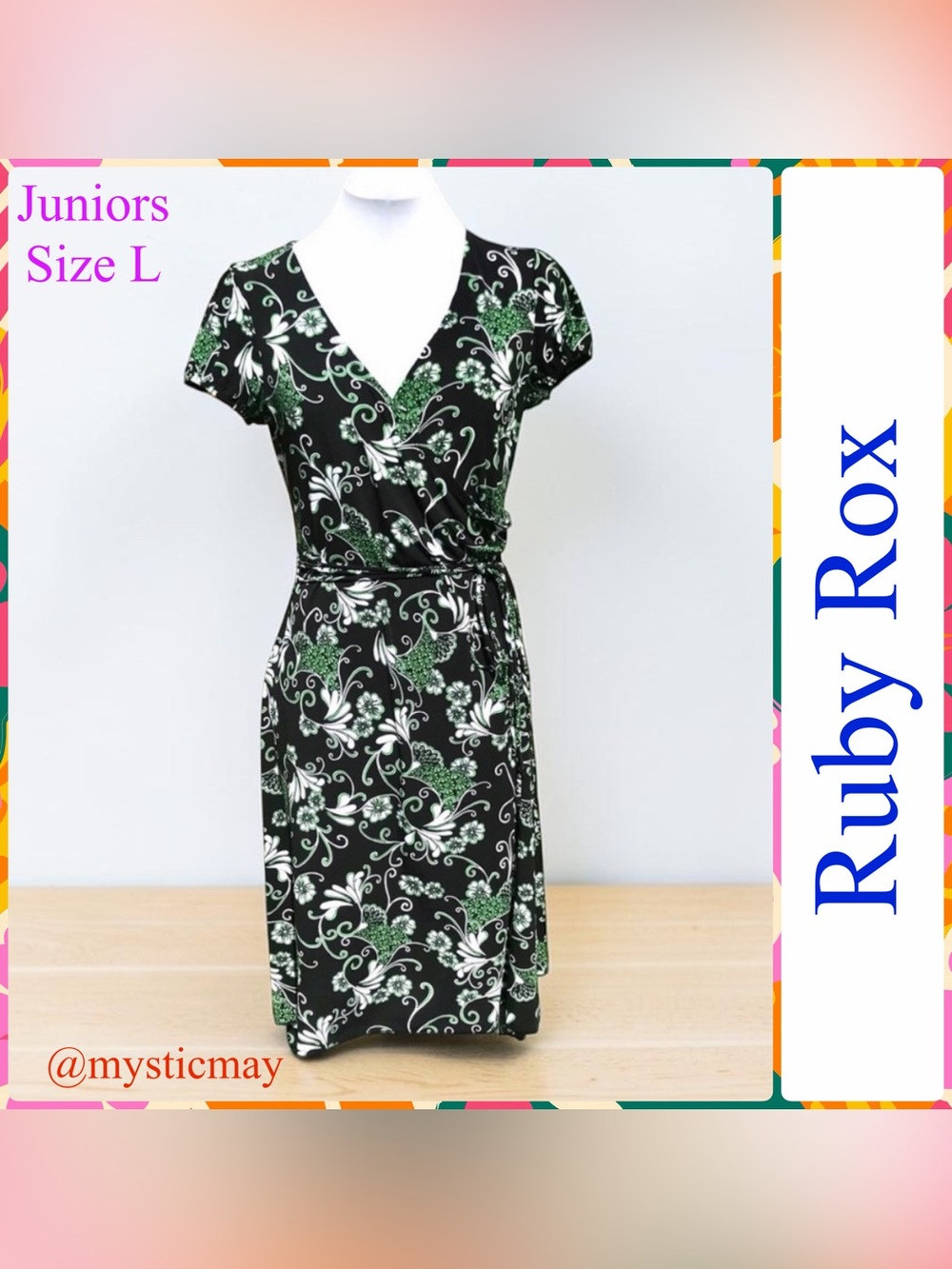 Juniors RUBY ROX Black w Green Floral Print Belted Faux Wrap Midi Dress Size L